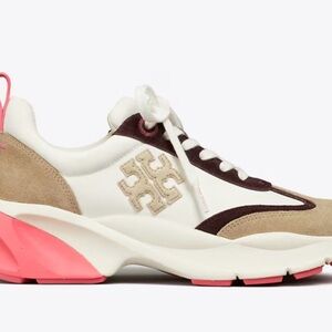 Tory Burch White and Tan Sneakers with Pink Accents